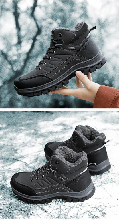 Stevvex winter waterproof leather boots with plush lining and rugged sole, black pair on snow on Tampa Home & Garden Store