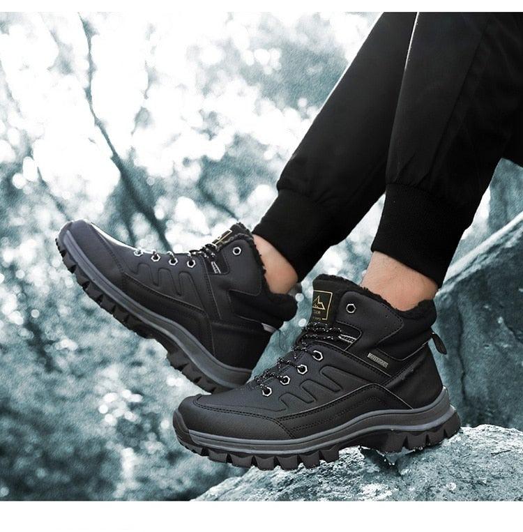Stevvex men's winter waterproof boots with plush lining, black leather and fabric, outsole on Tampa Home & Garden Store