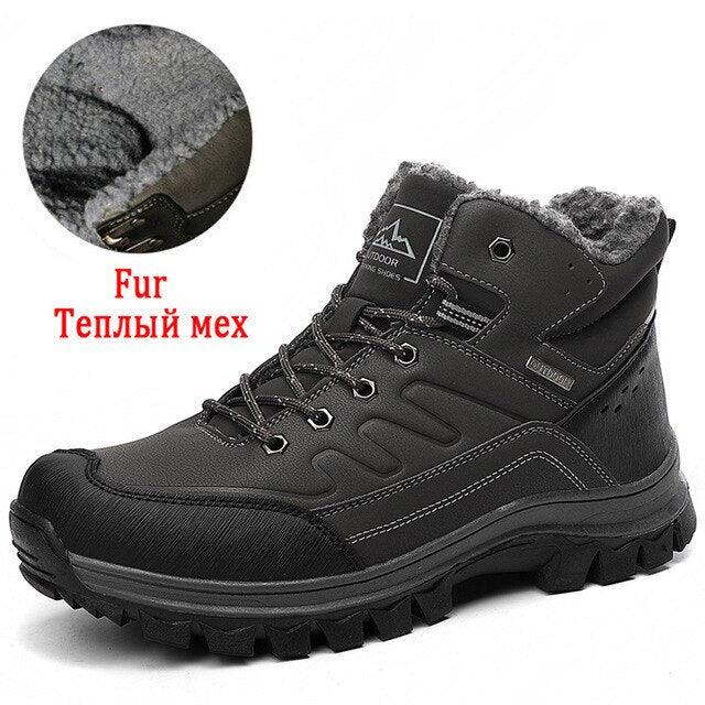 Winter Mens Boots black leather with plush fur lining, waterproof hiking boot Stevvex on Tampa Home & Garden Store