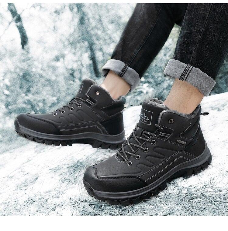 Stevvex Winter Mens Boots pair, black waterproof leather ankle hiking with plush lining on Tampa Home & Garden Store