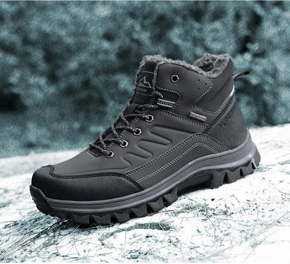 Stevvex men's winter hiking boot, black waterproof ankle boot with plush fur lining and rugged lug sole on Tampa Home & Garden Store