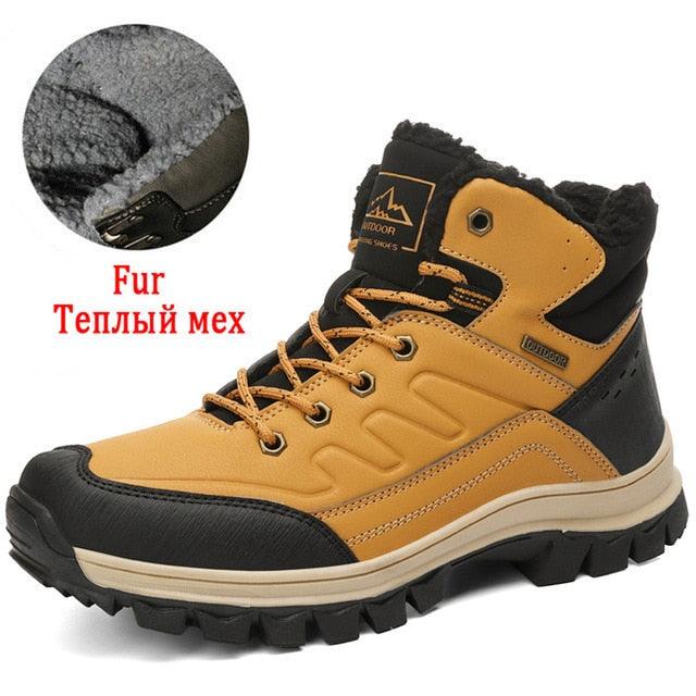 Stevvex Winter Mens Boots plush fur lining, waterproof tan leather ankle hiking boots on Tampa Home & Garden Store