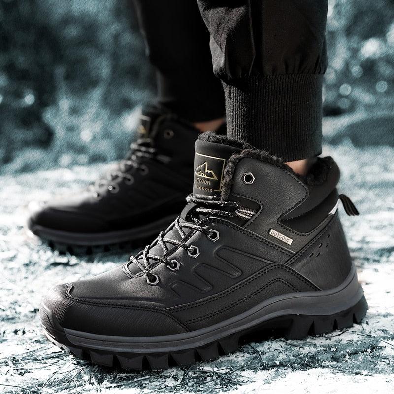 Winter Mens Boots Stevvex black leather ankle hiking snow boots plush lining waterproof on Tampa Home & Garden Store