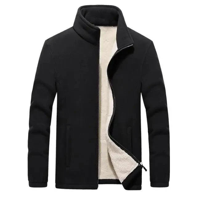 Stevvex men's black fleece jacket with beige inner lining, cozy stand collar coat on Tampa Home & Garden Store
