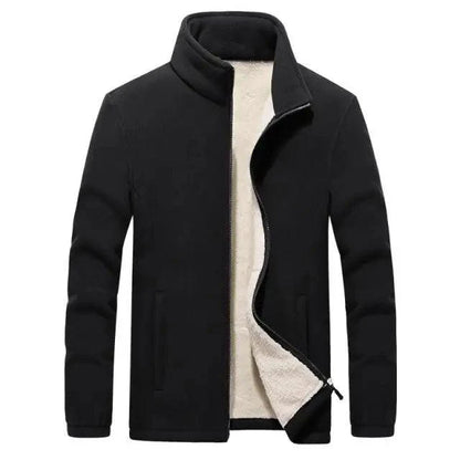 Stevvex men's black fleece jacket with beige inner lining, cozy stand collar coat on Tampa Home & Garden Store