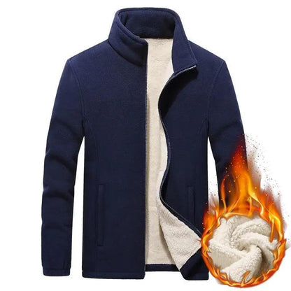 Men's navy fleece jacket with cream sherpa lining, full-zip, stand collar on Tampa Home & Garden Store