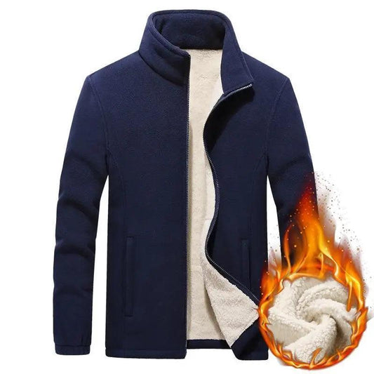 Men's navy fleece jacket with cream sherpa lining, full-zip, stand collar on Tampa Home & Garden Store
