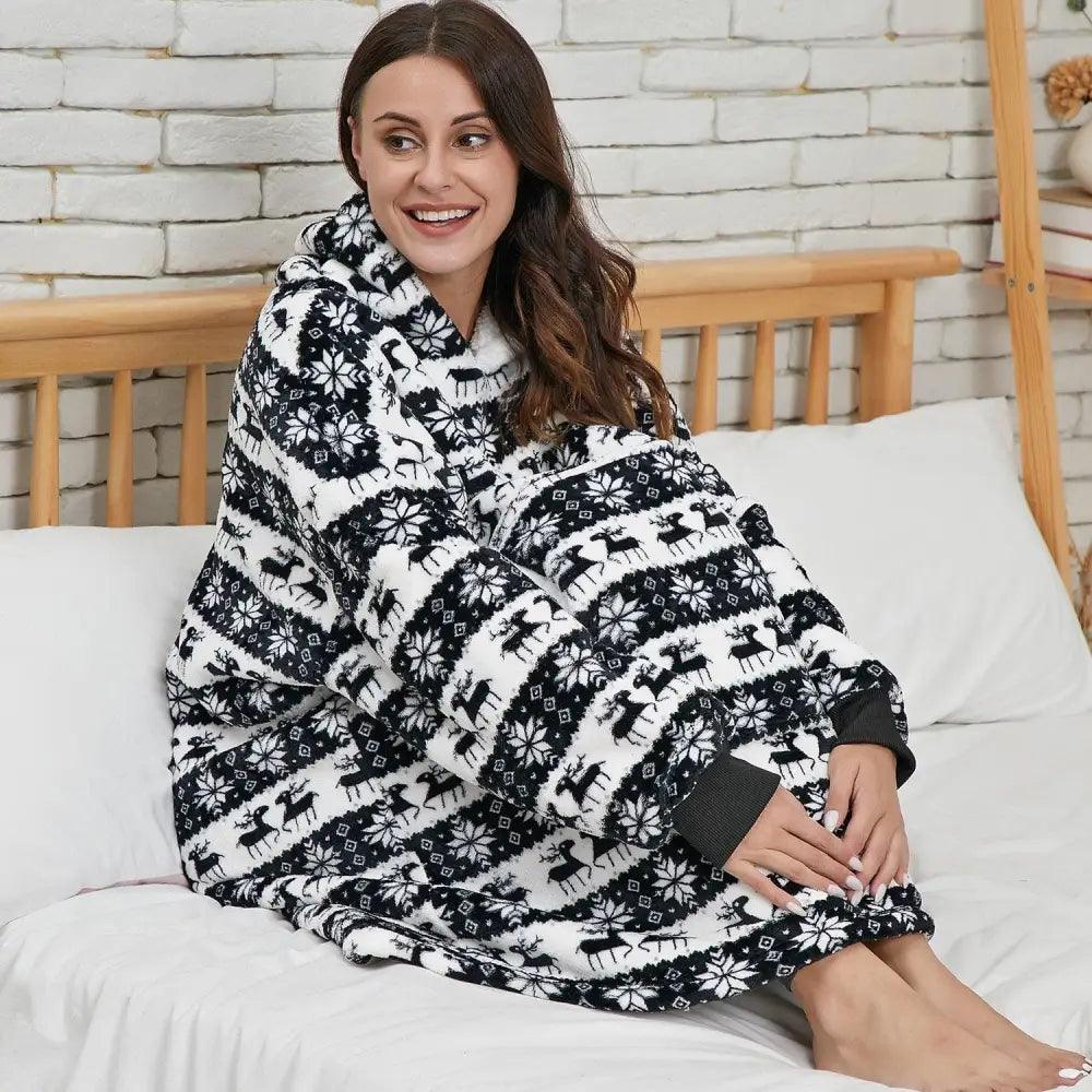 Stevvex winter oversized wearable blanket hoodie with sleeves in black white reindeer print on Tampa Home & Garden Store