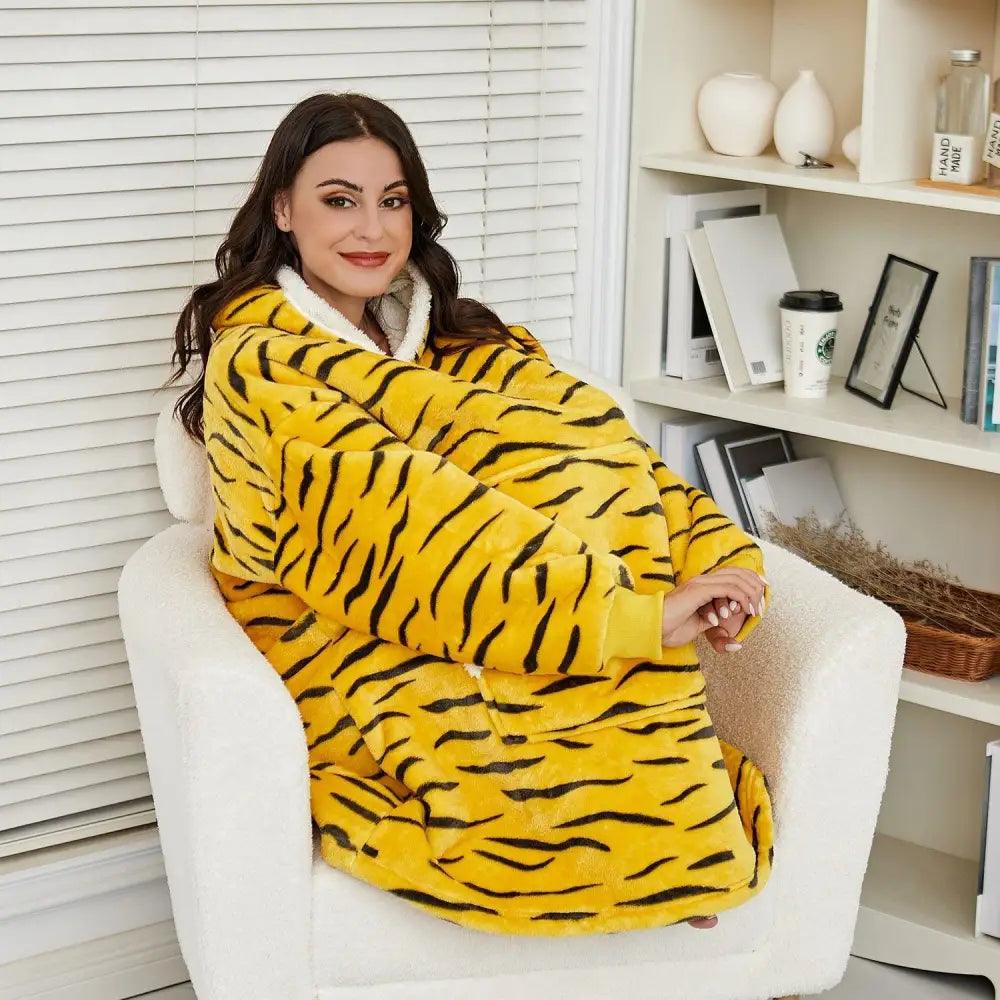 Stevvex wearable blanket hoodie tiger stripe yellow fleece, oversized cozy hooded fleece on Tampa Home & Garden Store