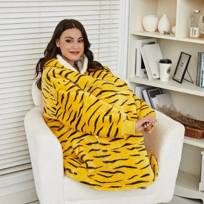 Stevvex wearable blanket hoodie tiger stripe yellow fleece, oversized cozy hooded fleece on Tampa Home & Garden Store