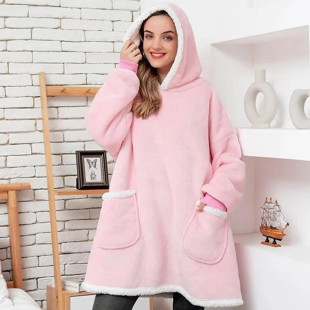 Winter oversized wearable blanket hoodie in pink with white sherpa trim and front pockets Stevvex on Tampa Home & Garden Store