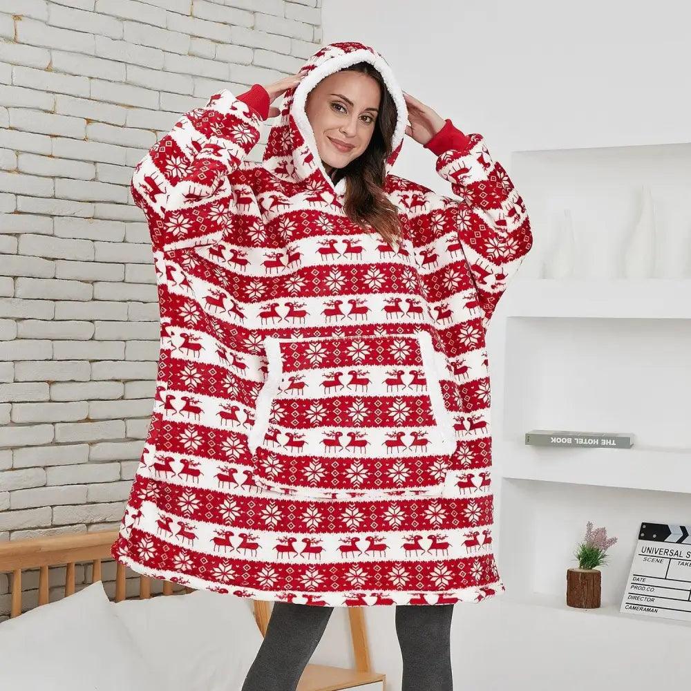 Winter oversized wearable blanket hoodie with hood in red white knit, front pocket on Tampa Home & Garden Store