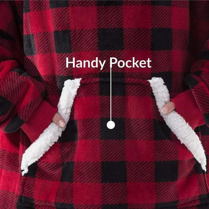 Wearable blanket hoodie Stevvex red plaid with sherpa-lined pockets unisex on Tampa Home & Garden Store