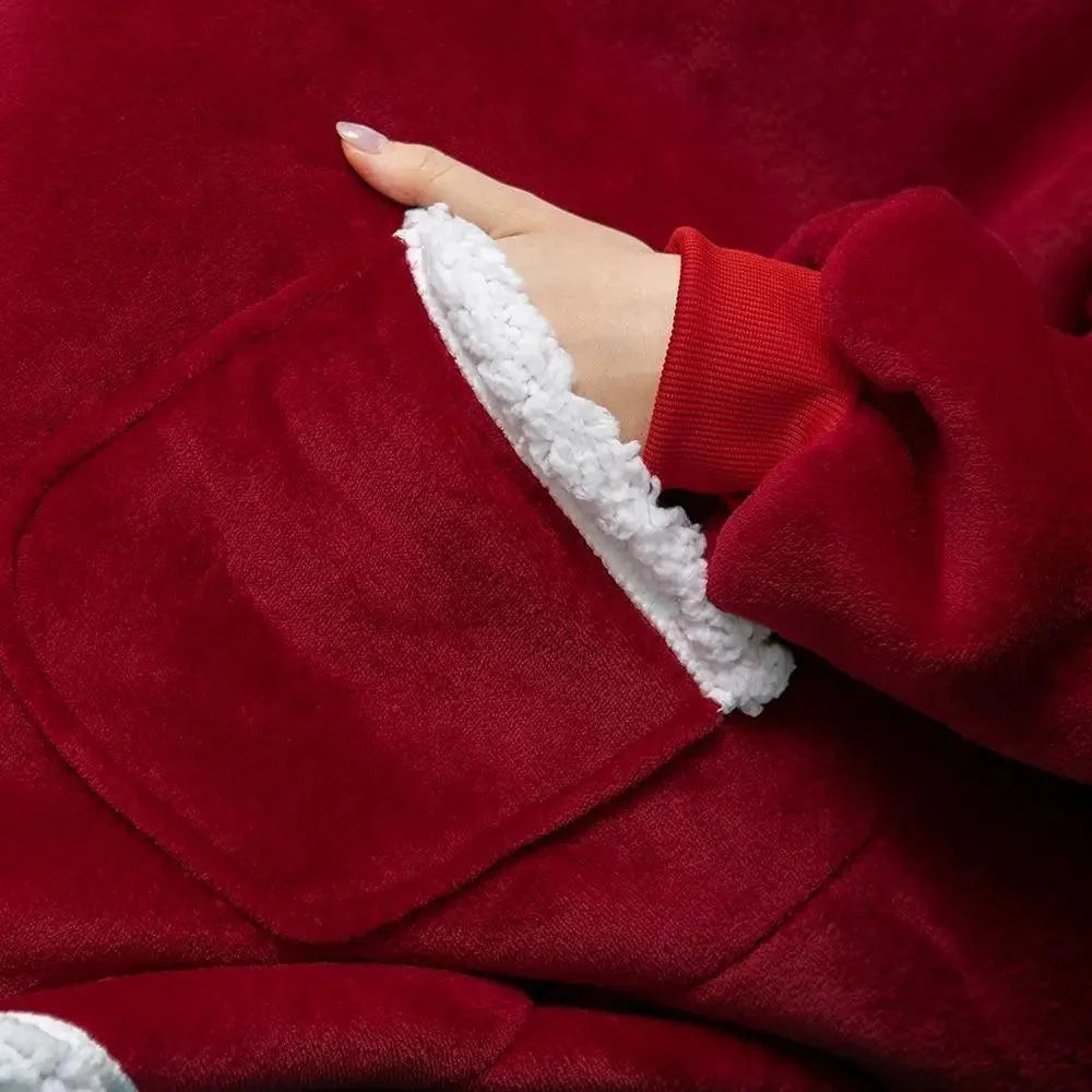Red Stevvex oversized wearable blanket hoodie with white sherpa lining at cuffs on Tampa Home & Garden Store