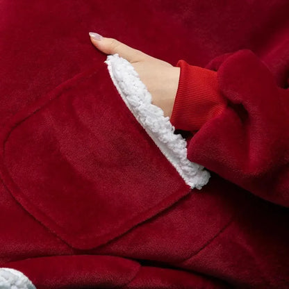Red Stevvex oversized wearable blanket hoodie with white sherpa lining at cuffs on Tampa Home & Garden Store