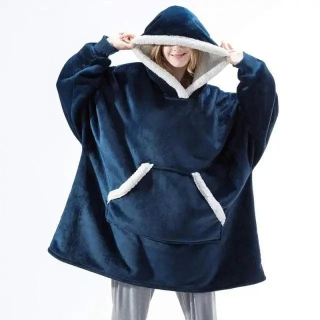 Stevvex navy blue oversized wearable blanket hoodie with plush white trim, front pockets, unisex on Tampa Home & Garden Store