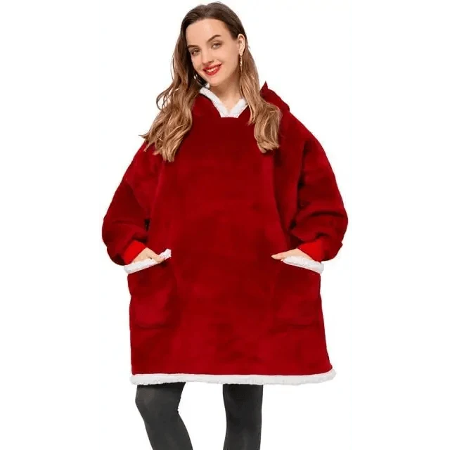 Stevvex wearable blanket hoodie red plush fleece with oversized fit and pockets on Tampa Home & Garden Store