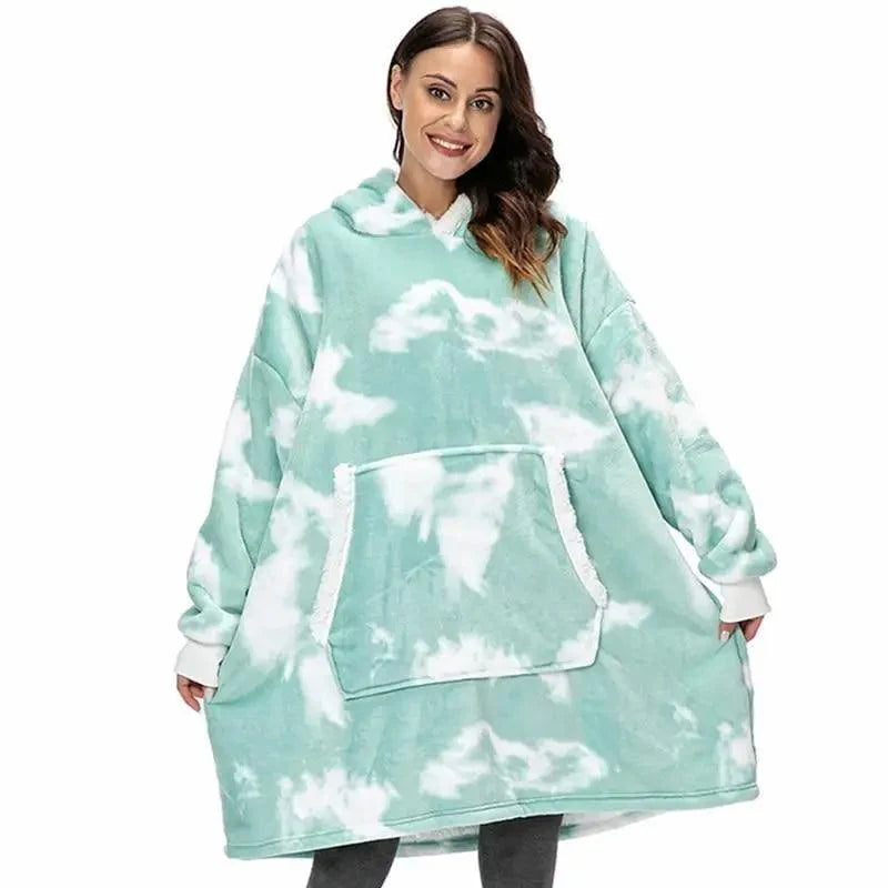 Stevvex oversized wearable blanket hoodie in teal tie-dye with front kangaroo pocket on Tampa Home & Garden Store