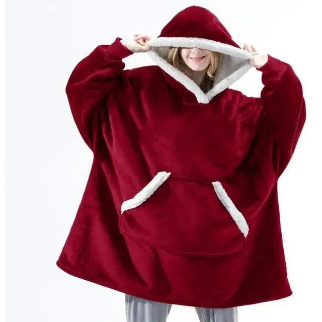 Stevvex red oversized wearable blanket hoodie with white faux fur trim, hood and pocket on Tampa Home & Garden Store