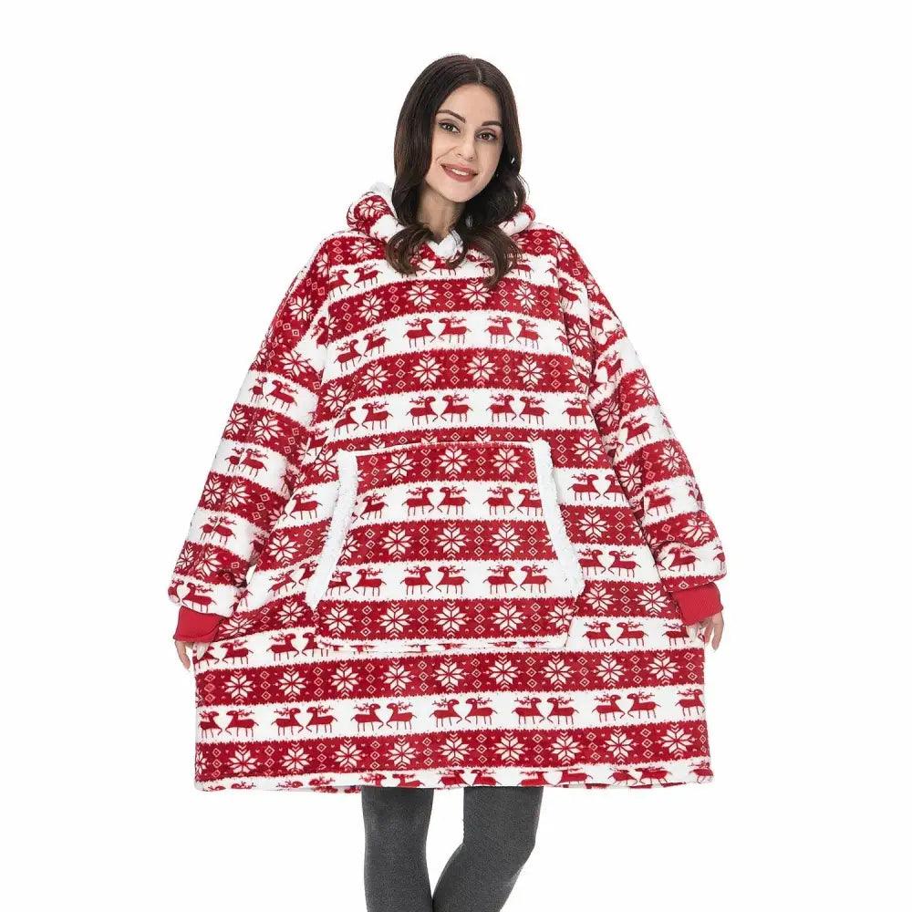 Winter oversized wearable blanket hoodie red white reindeer snowflake pattern with front pocket on Tampa Home & Garden Store
