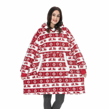 Winter oversized wearable blanket hoodie red white reindeer snowflake pattern with front pocket on Tampa Home & Garden Store