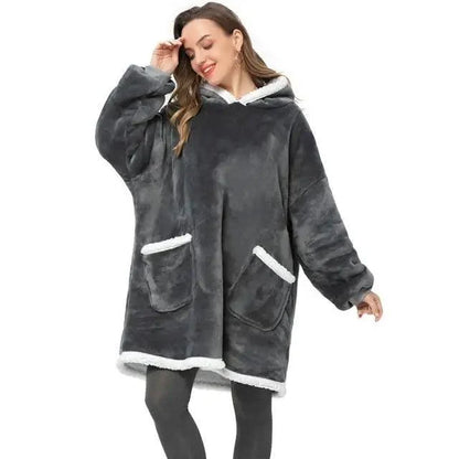 Wearable blanket hoodie by Stevvex in gray with white faux fur trim and front pockets on Tampa Home & Garden Store