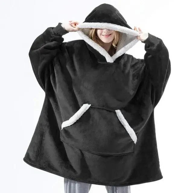 Stevvex black wearable blanket hoodie with white faux fur trim, hood and front pocket on Tampa Home & Garden Store