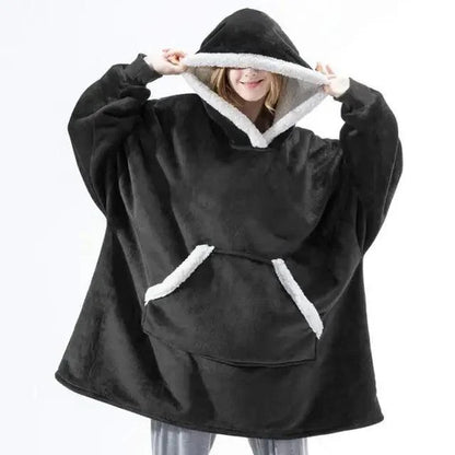 Stevvex black wearable blanket hoodie with white faux fur trim, hood and front pocket on Tampa Home & Garden Store