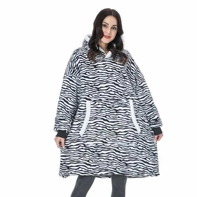 Winter oversized zebra print wearable blanket hoodie with sleeves and white pockets Stevvex on Tampa Home & Garden Store