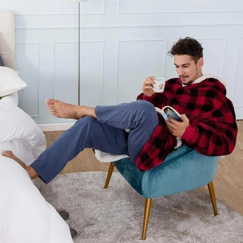 Stevvex winter oversized wearable blanket hoodie red plaid, soft fleece, unisex on Tampa Home & Garden Store