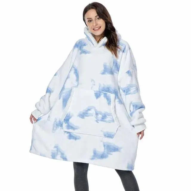 Winter oversized wearable blanket hoodie Stevvex in white with blue cloud print and front pocket on Tampa Home & Garden Store