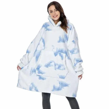 Winter oversized wearable blanket hoodie Stevvex in white with blue cloud print and front pocket on Tampa Home & Garden Store
