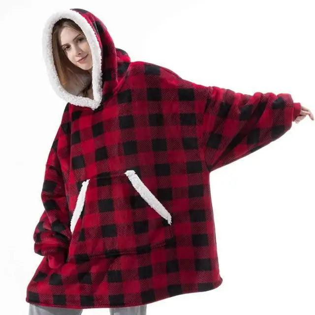 Winter oversized wearable blanket hoodie Stevvex red plaid with white trim, hooded on Tampa Home & Garden Store