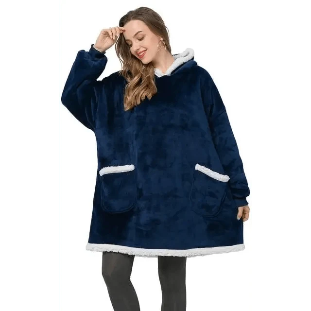 Winter oversized wearable blanket hoodie in navy with plush faux fur trim pockets Stevvex on Tampa Home & Garden Store