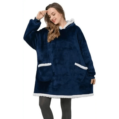 Winter oversized wearable blanket hoodie in navy with plush faux fur trim pockets Stevvex on Tampa Home & Garden Store
