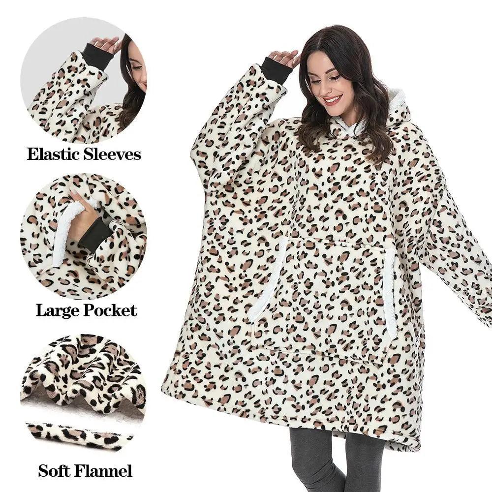 Stevvex leopard print wearable blanket hoodie with elastic sleeves and large pocket on Tampa Home & Garden Store