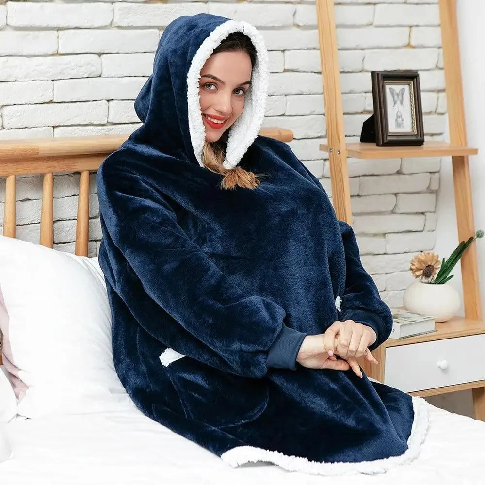 Winter oversized wearable blanket hoodie navy blue with white trim, hooded pullover on Tampa Home & Garden Store