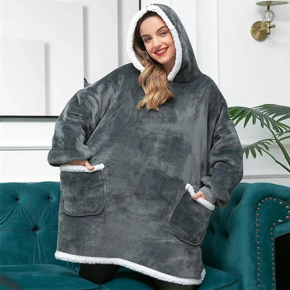 Winter oversized wearable blanket hoodie gray plush with white faux fur trim unisex Stevvex on Tampa Home & Garden Store