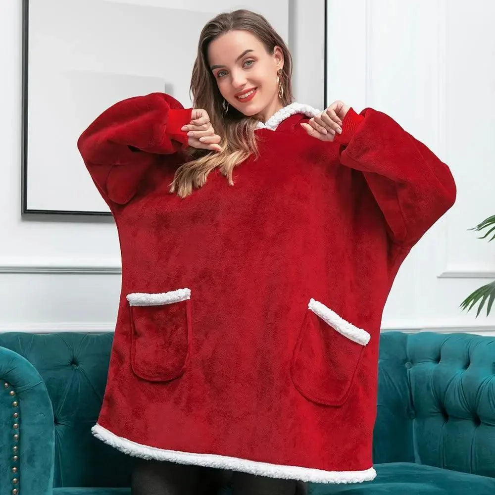 Stevvex red winter oversized wearable blanket hoodie with white faux fur trim and large pockets on Tampa Home & Garden Store