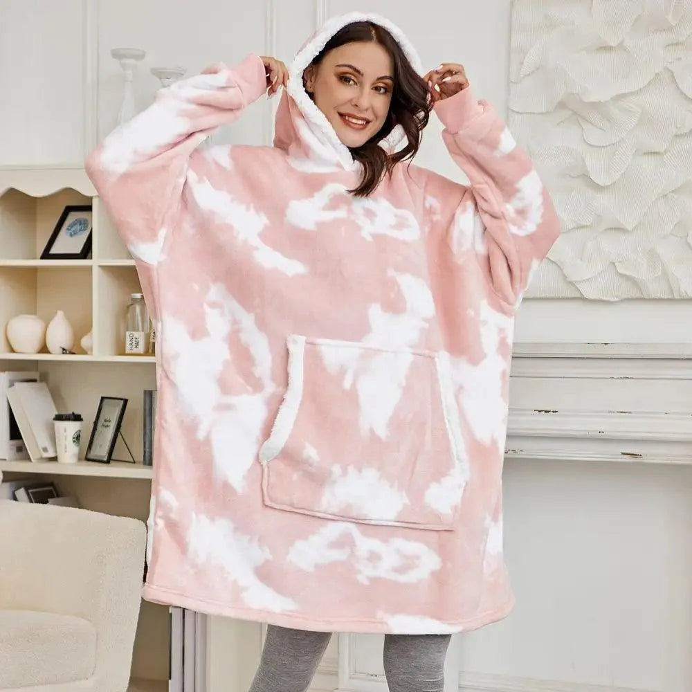 Winter oversized wearable blanket hoodie by Stevvex in pink tie-dye with hood and front pocket on Tampa Home & Garden Store