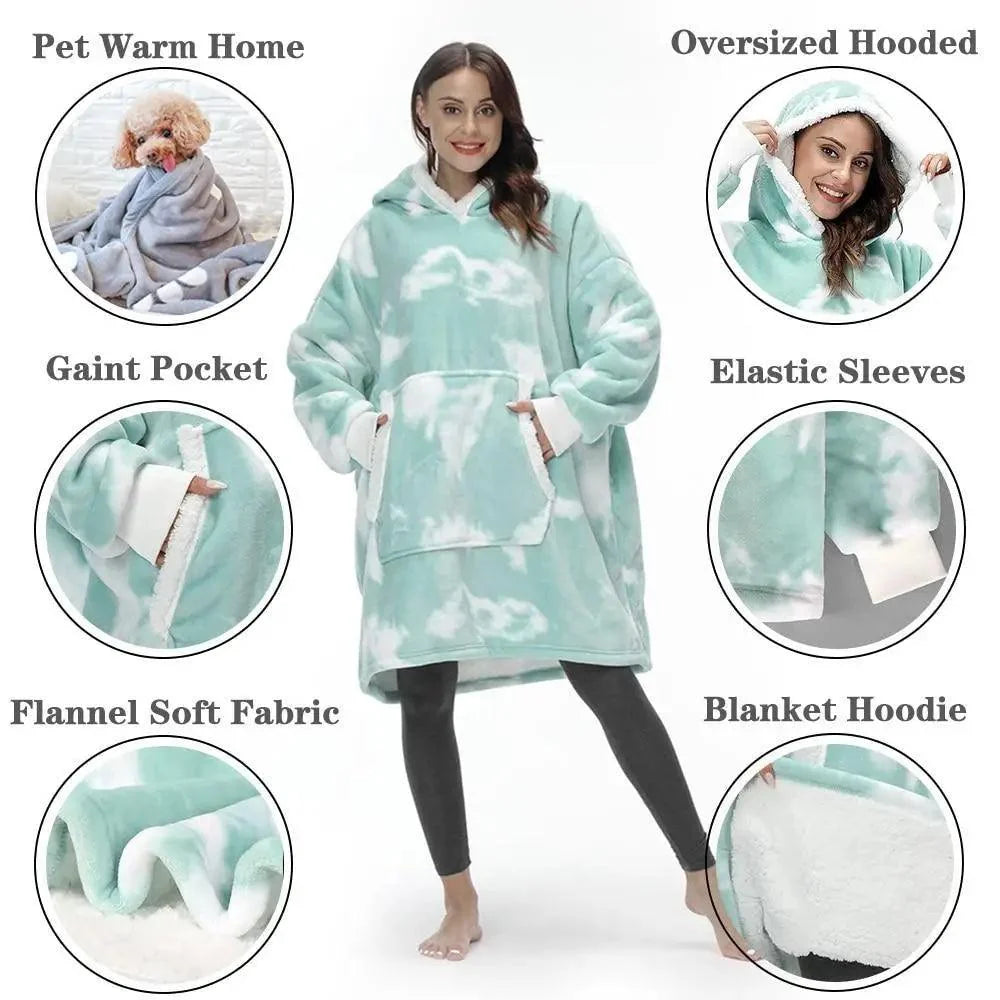 Stevvex wearable blanket hoodie for women; mint tie-dye, soft flannel fabric, giant pocket on Tampa Home & Garden Store