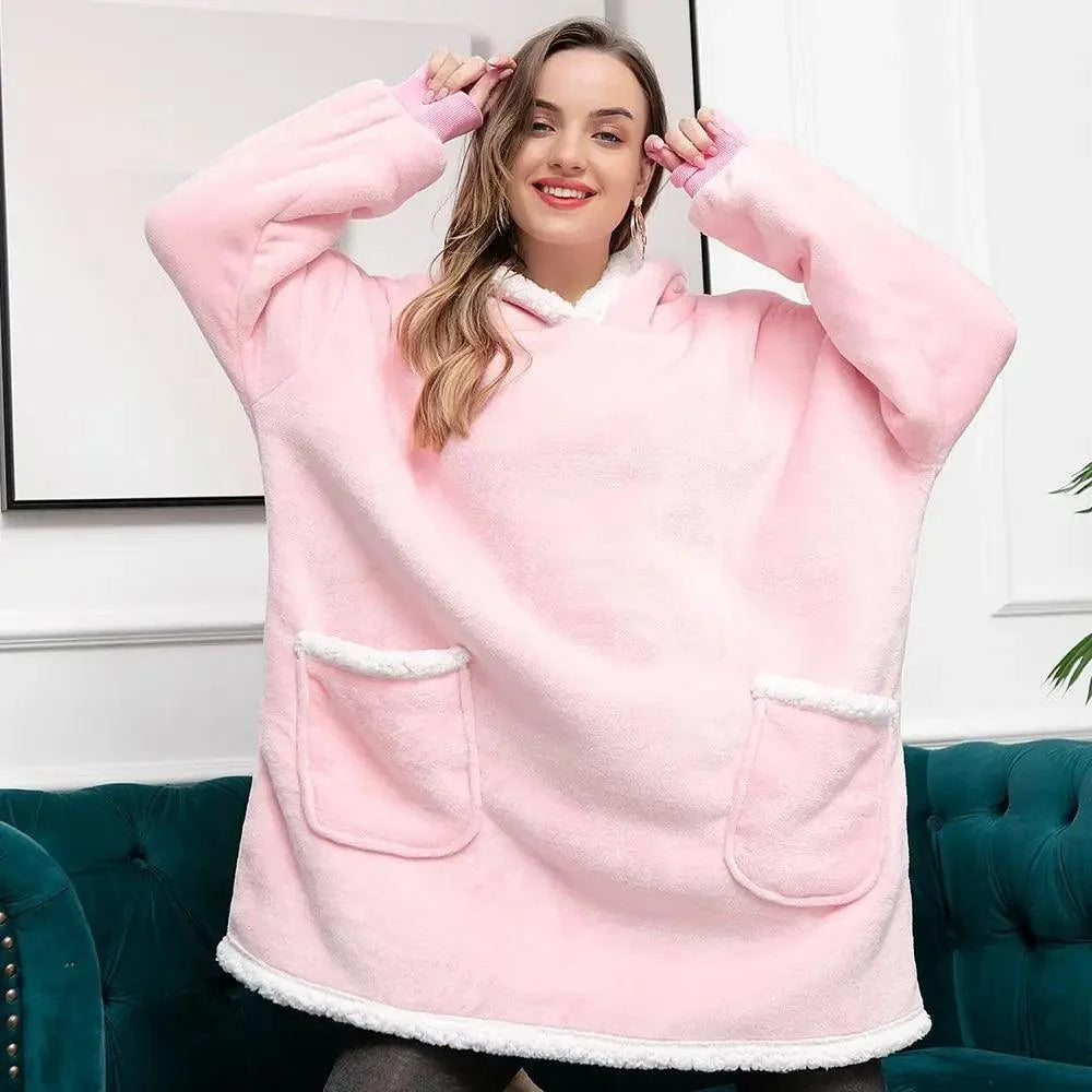 Wearable blanket hoodie pink by Stevvex with front pockets and plush trim on Tampa Home & Garden Store