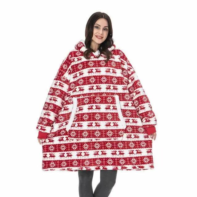 Stevvex winter oversized wearable blanket hoodie red/white snowflake pattern with pocket hood on Tampa Home & Garden Store
