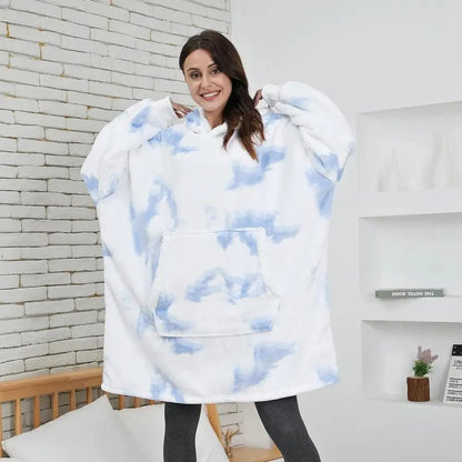 Stevvex oversized wearable blanket hoodie, blue tie-dye on white, hooded with pocket on Tampa Home & Garden Store