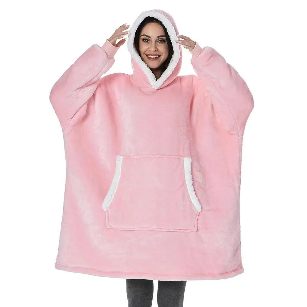 Stevvex pink oversized wearable blanket hoodie with white faux fur trim, hood, front pocket on Tampa Home & Garden Store