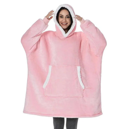 Stevvex pink oversized wearable blanket hoodie with white faux fur trim, hood, front pocket on Tampa Home & Garden Store