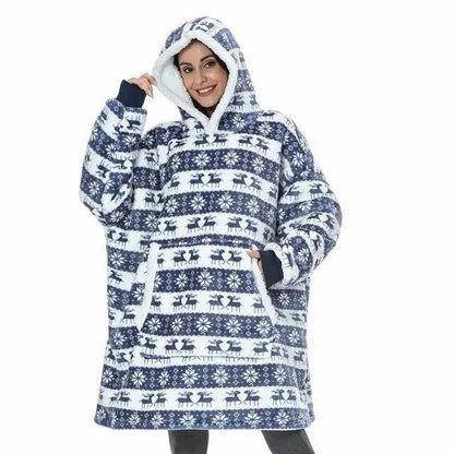 Winter oversized wearable blanket hoodie by Stevvex with hood and Nordic pattern blue/white on Tampa Home & Garden Store
