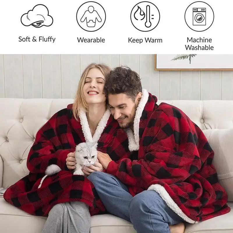 Stevvex Winter oversized wearable blanket hoodie in red-black plaid with sherpa lining on Tampa Home & Garden Store