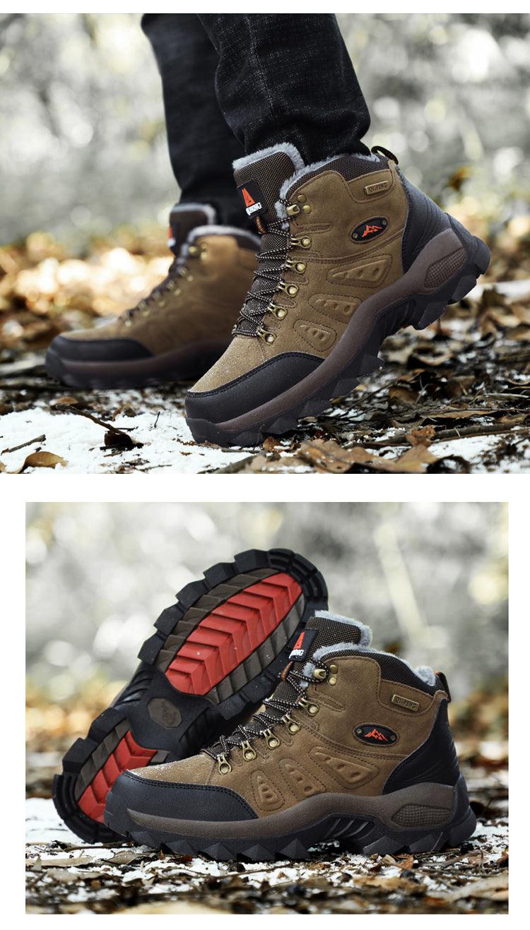 Stevvex Winter Plush Boots pair, tan suede upper with black trim, rugged non-slip outsole on Tampa Home & Garden Store