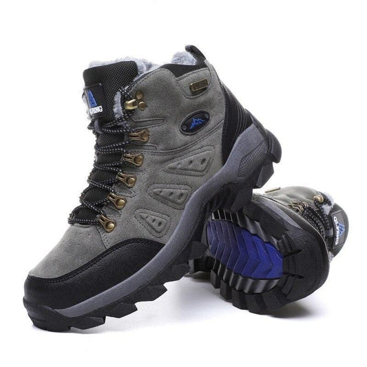 Stevvex Men's Winter Boots gray and black with fur lining and rugged outsole purple tread on Tampa Home & Garden Store